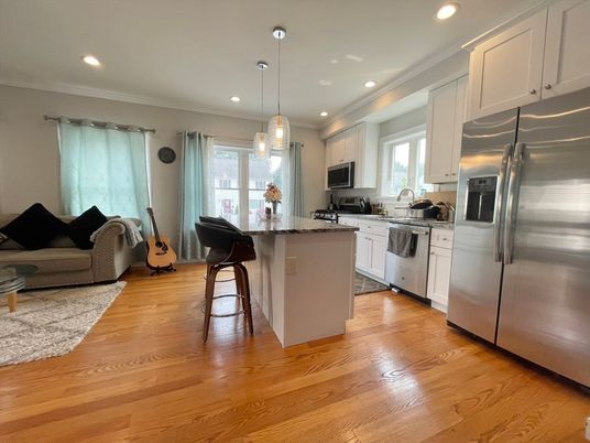 Interior, Kitchen, Pendant Lights, Recessed Lighting, Stainless Steel Appliances, Wood Texture Flooring