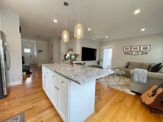 Interior, Kitchen, Living room, Pendant Lights, Recessed Lighting, Wood Texture Flooring