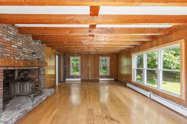 Empty room, Fireplace, Interior, Stone Walls, Wooden Beams, Wooden Ceilings, Wood Texture Flooring, Wooden Walls