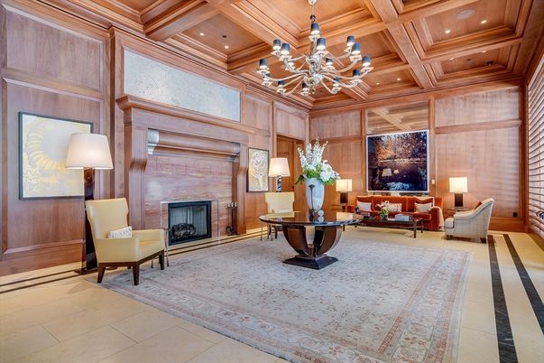 Chandelier, Fireplace, Interior, Living room, Recessed Lighting, Wooden Beams, Wooden Ceilings, Wooden Walls