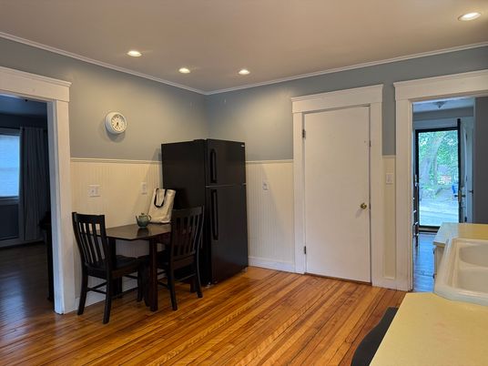 Dining room, Interior, Recessed Lighting, Wood Texture Flooring