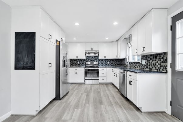 Interior, Kitchen, Recessed Lighting, Stainless Steel Appliances, Wood Texture Flooring