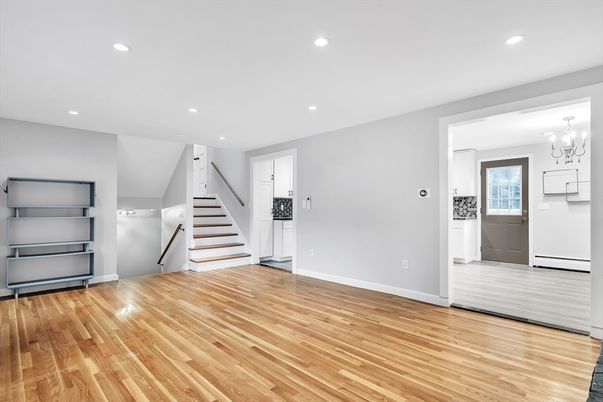 Chandelier, Empty room, Interior, Recessed Lighting, Wood Texture Flooring