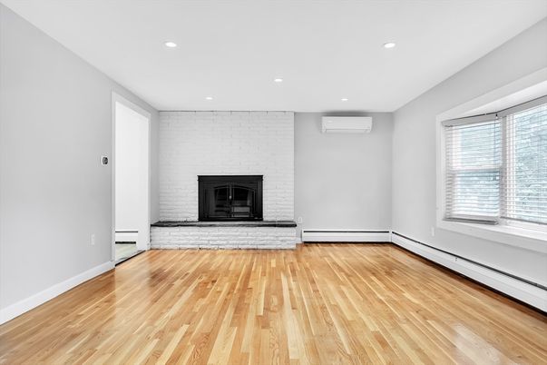 Empty room, Fireplace, Interior, Recessed Lighting, Wood Texture Flooring