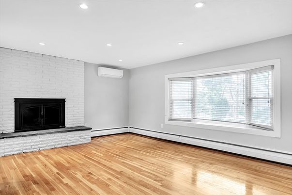 Empty room, Fireplace, Interior, Recessed Lighting, Wood Texture Flooring