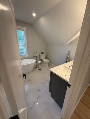 Bathroom, Free Standing Baths, Interior, Marble, Recessed Lighting