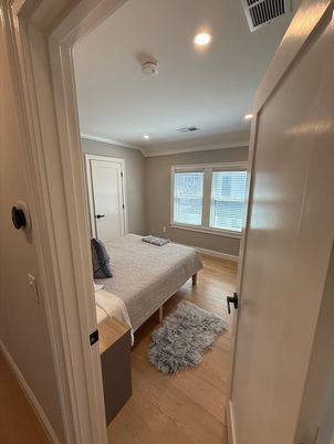 Bedroom, Interior, Recessed Lighting, Wood Texture Flooring