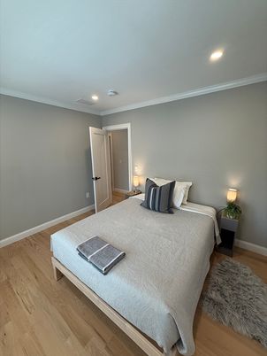 Bedroom, Interior, Recessed Lighting, Wood Texture Flooring