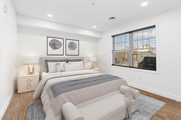 Bedroom, Interior, Recessed Lighting, Wood Texture Flooring