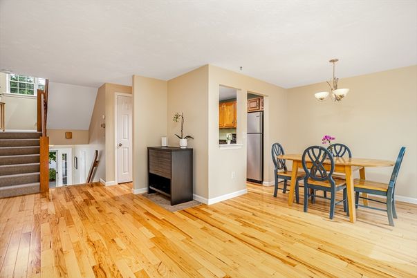 Chandelier, Dining room, Fireplace, Interior, Kitchen, Wood Texture Flooring