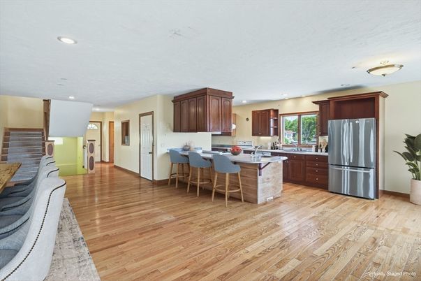Dining room, Interior, Kitchen, Recessed Lighting, Stainless Steel Appliances, Wood Texture Flooring