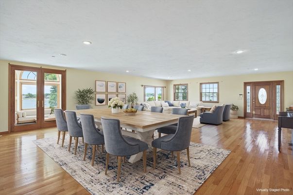 Dining room, Interior, Living room, Recessed Lighting, Wood Texture Flooring