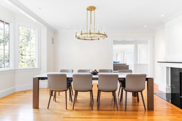 Dining room, Interior, Pendant Lights, Recessed Lighting, Wood Texture Flooring