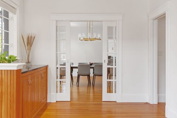Dining room, Interior, Pendant Lights, Wood Texture Flooring