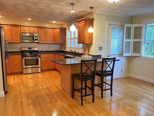 Interior, Kitchen, Pendant Lights, Recessed Lighting, Stainless Steel Appliances, Wood Texture Flooring