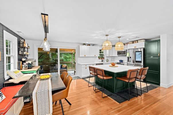 Dining room, Interior, Kitchen, Pendant Lights, Recessed Lighting, Stainless Steel Appliances, Wood Texture Flooring