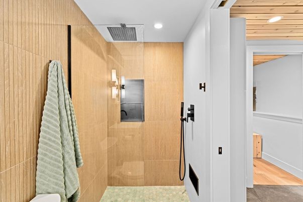 Bathroom, Interior, Recessed Lighting, Wood Texture Flooring, Wooden Walls