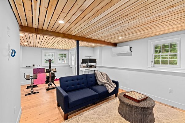 Fitness Equipment, Interior, Recessed Lighting, Wooden Beams, Wooden Ceilings, Wood Texture Flooring