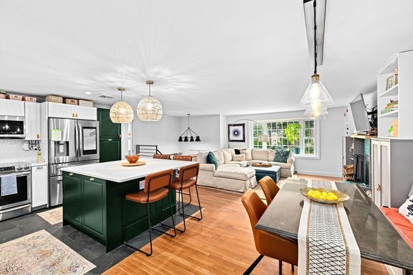 Dining room, Interior, Kitchen, Living room, Pendant Lights, Recessed Lighting, Stainless Steel Appliances, Wood Texture Flooring