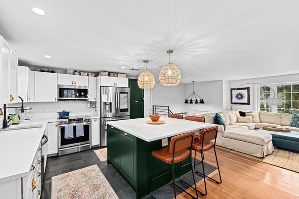Dining room, Interior, Kitchen, Living room, Pendant Lights, Recessed Lighting, Stainless Steel Appliances, Wood Texture Flooring