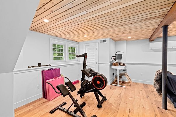 Fitness Equipment, Interior, Recessed Lighting, Wooden Ceilings, Wood Texture Flooring
