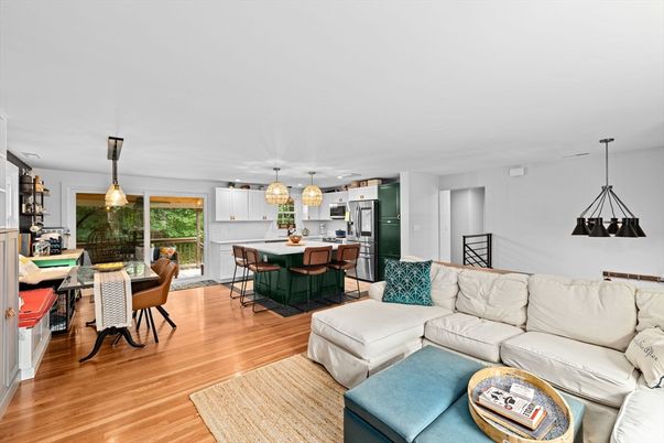 Dining room, Interior, Kitchen, Living room, Pendant Lights, Stainless Steel Appliances, Wood Texture Flooring