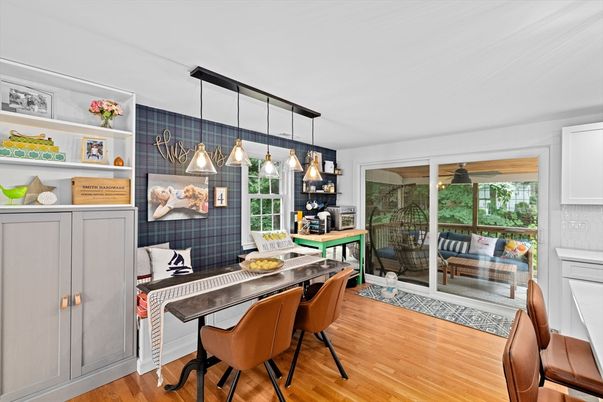 Dining room, Interior, Pendant Lights, Wood Texture Flooring