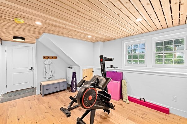 Fitness Equipment, Interior, Recessed Lighting, Wooden Ceilings, Wood Texture Flooring