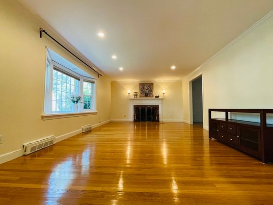 Empty room, Fireplace, Interior, Recessed Lighting, Wood Texture Flooring
