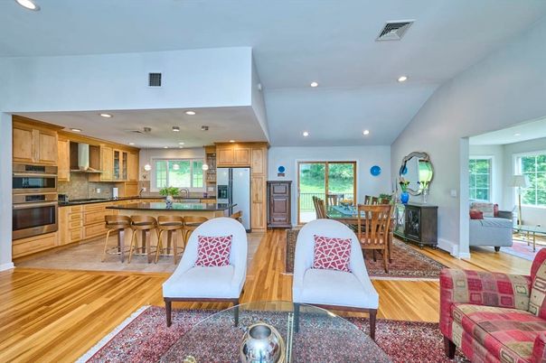Dining room, Interior, Kitchen, Living room, Recessed Lighting, Stainless Steel Appliances, Wood Texture Flooring