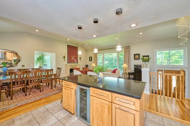 Dining room, Interior, Pendant Lights, Recessed Lighting, Wood Texture Flooring