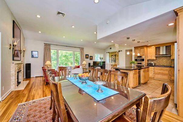 Dining room, Fireplace, Interior, Kitchen, Pendant Lights, Recessed Lighting, Wood Texture Flooring