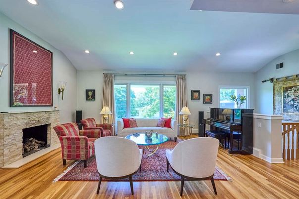 Fireplace, Interior, Living room, Piano, Recessed Lighting, Wood Texture Flooring