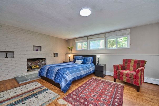 Bedroom, Fireplace, Interior, Stone Walls, Wood Texture Flooring