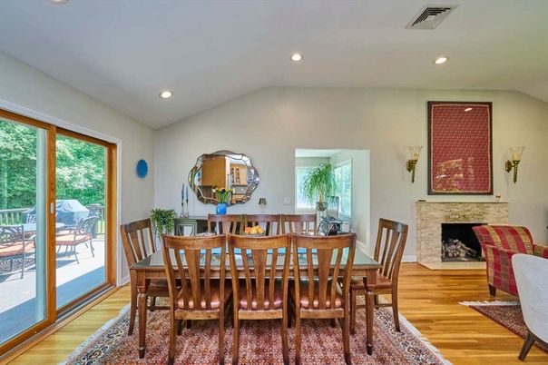 Dining room, Fireplace, Interior, Recessed Lighting, Wood Texture Flooring