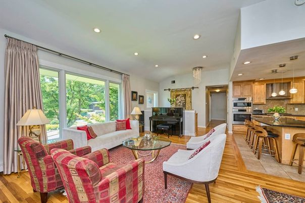Interior, Kitchen, Living room, Pendant Lights, Piano, Recessed Lighting, Stainless Steel Appliances, Wood Texture Flooring