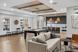 Billiard Table, Game Room, Interior, Kitchen, Living room, Pendant Lights, Recessed Lighting, Wooden Ceilings, Wood Texture Flooring