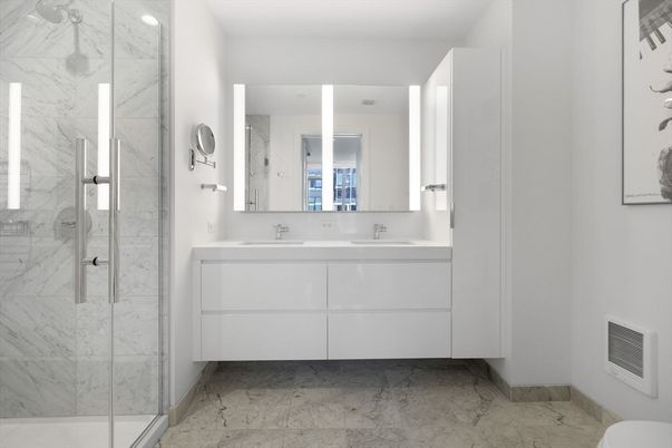 Bathroom, Glass Shower, Interior, Marble Walls, Recessed Lighting