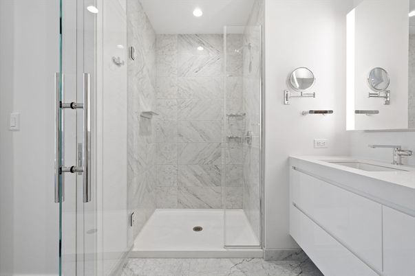 Bathroom, Glass Shower, Interior, Marble, Marble Walls, Recessed Lighting