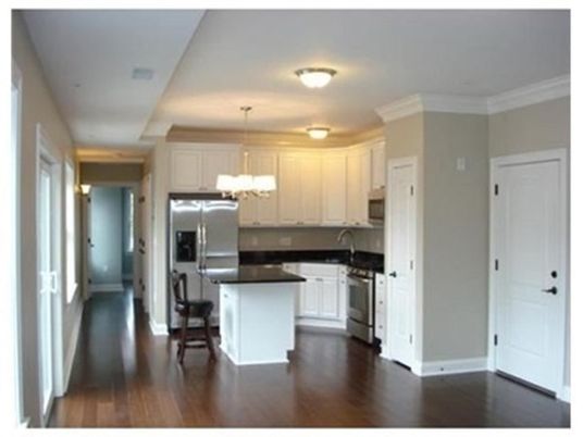 Chandelier, Interior, Kitchen, Stainless Steel Appliances, Wood Texture Flooring