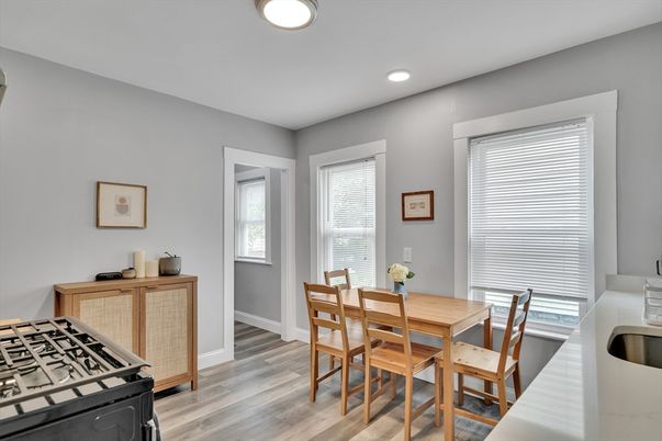 Dining room, Interior, Recessed Lighting, Wood Texture Flooring
