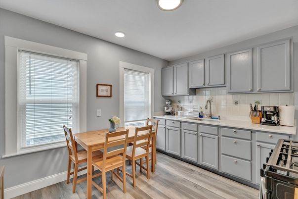Dining room, Interior, Kitchen, Recessed Lighting, Wood Texture Flooring