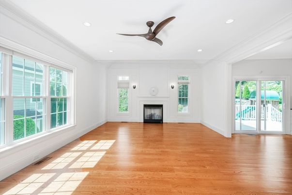 Empty room, Fireplace, Interior, Recessed Lighting, Wood Texture Flooring
