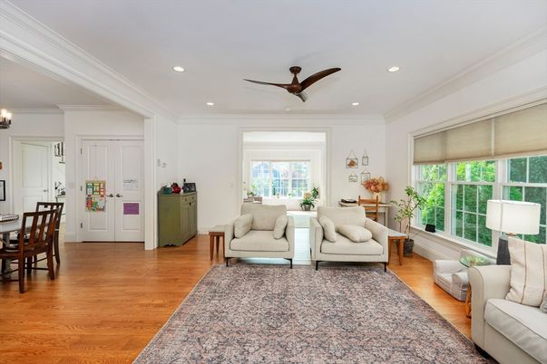 Dining room, Interior, Living room, Recessed Lighting, Wood Texture Flooring