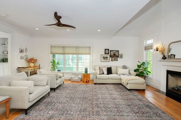 Fireplace, Interior, Living room, Recessed Lighting, Wood Texture Flooring