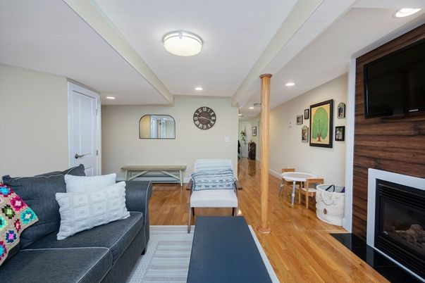 Fireplace, Interior, Recessed Lighting, Wood Texture Flooring