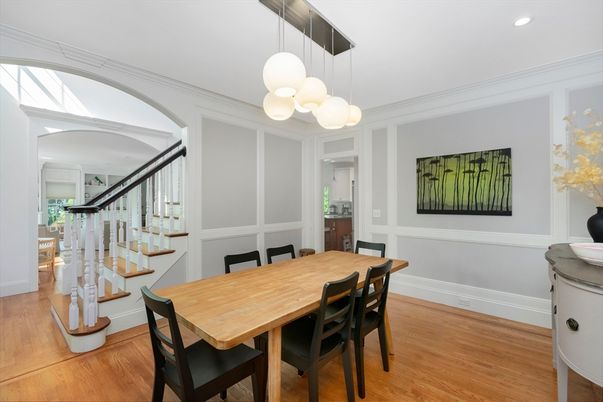 Dining room, Interior, Pendant Lights, Recessed Lighting, Wood Texture Flooring