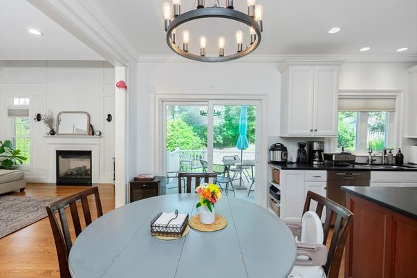 Dining room, Fireplace, Interior, Kitchen, Recessed Lighting, Wood Texture Flooring