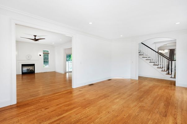 Empty room, Fireplace, Interior, Recessed Lighting, Wood Texture Flooring