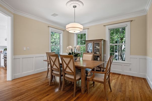 Dining room, Interior, Pendant Lights, Wood Texture Flooring